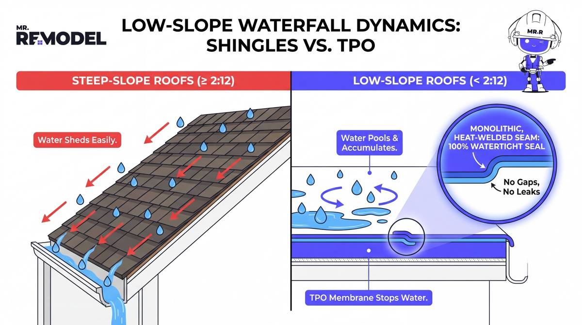An infographic cross-section comparing how steep roofs shed water via gravity with shingles, versus low-slope roofs where TPO's heat-welded, monolithic seams prevent water pooling from leaking.